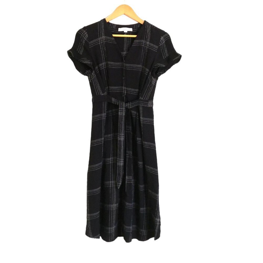 NWOT LOFT Plaid Button Down Tie Front Midi Dress Black/White Size 2P